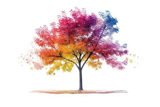 Beautiful watercolor tree with vibrant, multicolored leaves representing different seasons, set on a transparent background. png