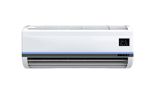 Modern wall-mounted air conditioner unit with digital display, isolated on a transparent background. perfect for home cooling and ventilation concepts. png