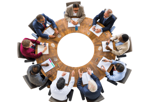 Diverse business team in a meeting, discussing strategies around a round table. Top view of professionals collaborating and brainstorming ideas. png