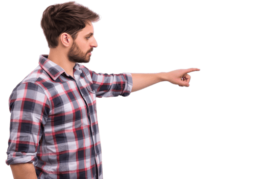 Man in a plaid shirt pointing to the side, isolated on a transparent background. He appears engaged and expressive, conveying direction or instruction. png