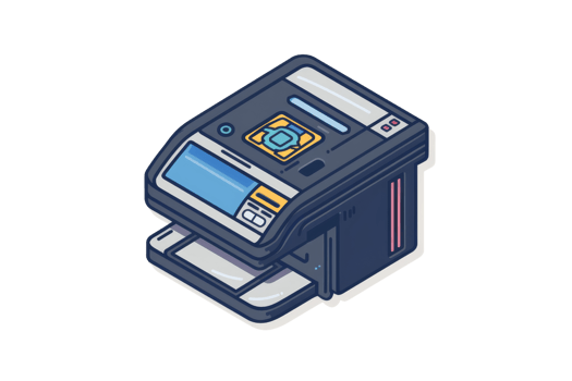 Isometric illustration of a modern multifunction printer with a display screen and control panel, perfect for office or business use. png