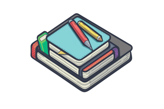 Illustration of stacked books with pencils and a notebook, perfect for educational and academic themes. png