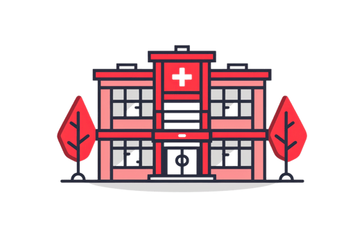 illustration of a modern hospital building with trees, showing a healthcare facility with a cross symbol on the facade png