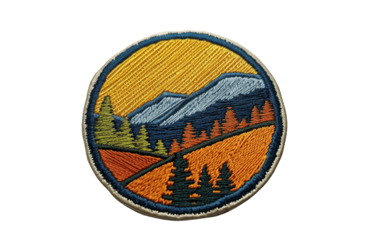 Colorful embroidered patch featuring a scenic mountain and forest landscape design, perfect for outdoor and nature enthusiasts. png