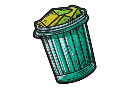Illustration of a green trash can with yellow waste on top, showcasing waste management and recycling concepts. png