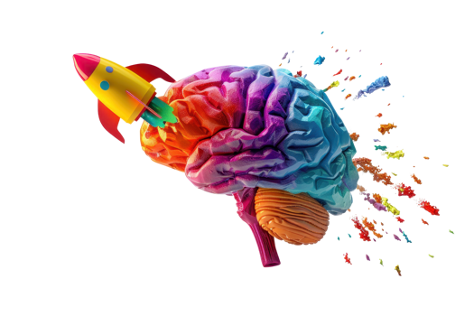Colorful brain and rocket illustration symbolizing creativity, innovation, and ideas bursting with vivid colors. png
