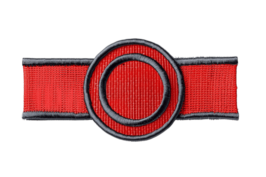 Red badge with black outline featuring a circular design on a transparent background. Ideal for military, fashion, or decorative use. png