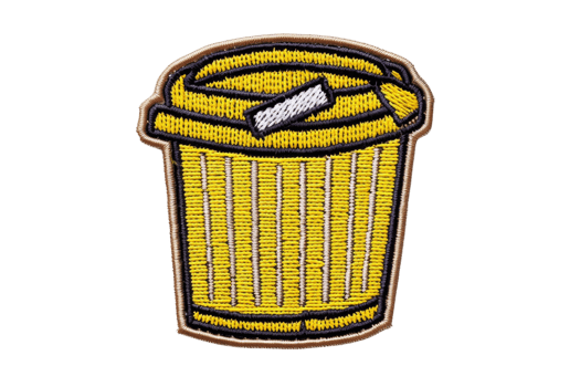 Vibrant embroidered patch of a yellow trash can. Ideal for clothing, backpacks, or craft projects. Adds a touch of fun and color. png