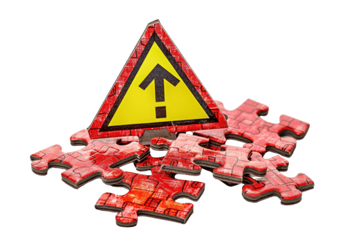 Warning sign atop scattered puzzle pieces, highlighting caution in problem-solving and risk management. Conceptual stock photo. png
