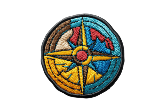 Colorful embroidered patch featuring a compass design, perfect for travel-themed clothing, bags, or accessories. png