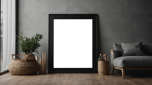 Black frame mock up in a living room with grey sofa and potted plant png