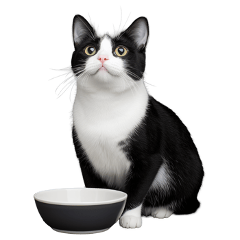 Adorable black and white cat with food bowl on transparent background png