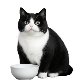 Adorable black and white cat with a bowl on a transparent background png