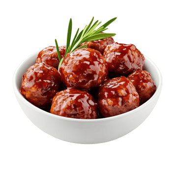 A delicious bowl of glazed meatballs garnished with fresh herbs, perfect for appetizing meals or party platters. isolated on transparent background. png