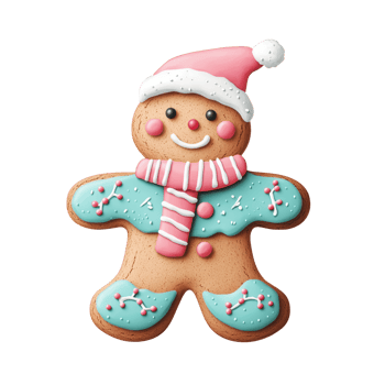 Cheerful gingerbread man cookie with colorful icing and a Santa hat isolated on transparent background. png