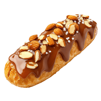 Delicious eclair topped with caramel and almonds, isolated on transparent background. png