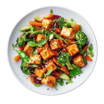 Vibrant vegetable stir-fry with tofu, garnished with sesame seeds on a white plate. isolated on transparent background. png
