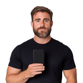 Confident man holding smartphone on transparent background png