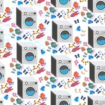 Seamless pattern with washing machine, laundry. Clothes around washing machine. White background. vector