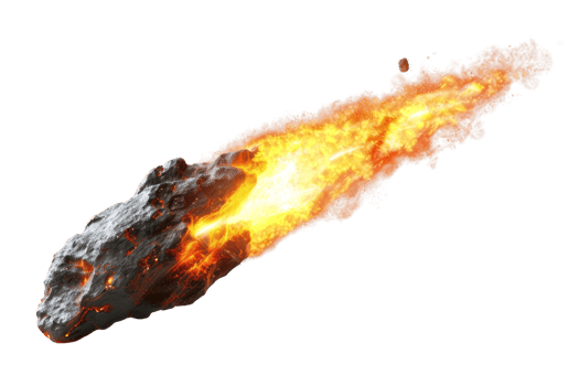 A fiery meteorite streaks through the sky emitting bright flames and sparks. Perfect for illustrating space, astronomy, or natural phenomena. png