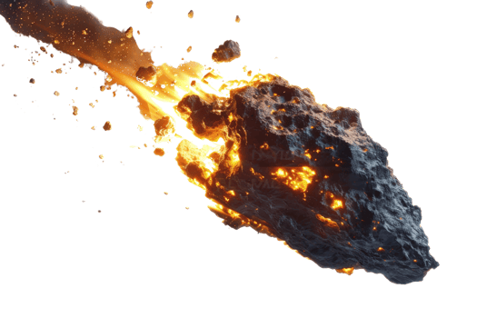 A fiery meteor streaking through space with trailing flames and glowing embers, isolated on a transparent background. png