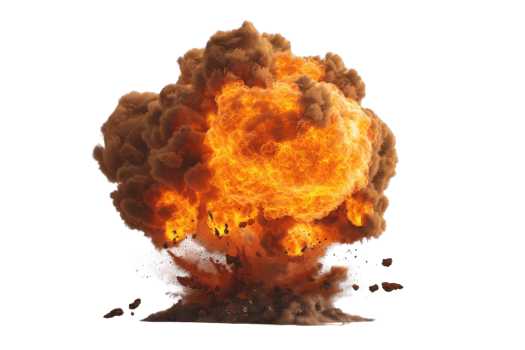 A powerful explosion with bright orange flames and thick smoke billowing outward, showcasing intense energy and destruction. png