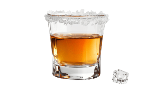 Single shot of whiskey or bourbon in a glass with a salt rim, accompanied by an ice cube on a transparent background. png