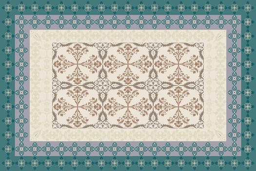 Vintage carpet with intricate floral damask pattern in shades of blue, green and brown. Perfect for home decor, flooring, interior design and textiles. vector