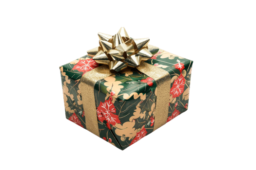 Beautifully wrapped gift box with festive design and golden bow, perfect for holiday celebrations, Christmas, or special occasions. png