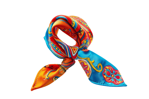 Vibrant, colorful silk scarf with intricate patterns, ideal for fashion accessory, enhancing outfits with a touch of elegance and style. png