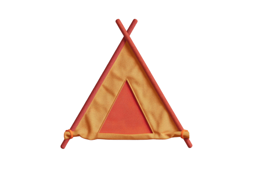Bright orange small triangular canvas tent with wooden poles, perfect for outdoor or indoor children's play areas. png
