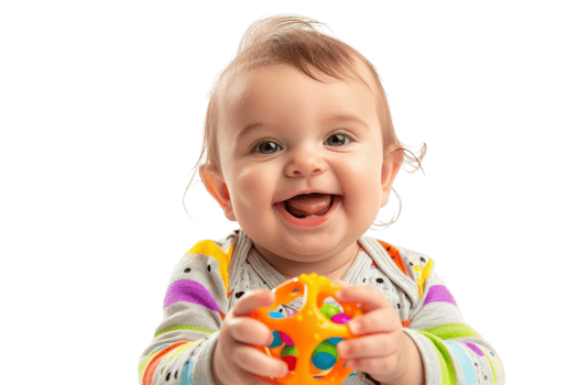Smiling baby holding a colorful ball toy, dressed in a striped shirt with vibrant colors, expressing joy and happiness. png