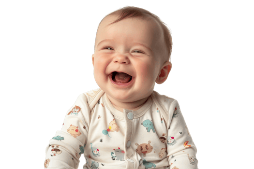 Laughing baby in animal print onesie, isolated on transparent background. showcasing joy and happiness. Bright and cheerful expression. png