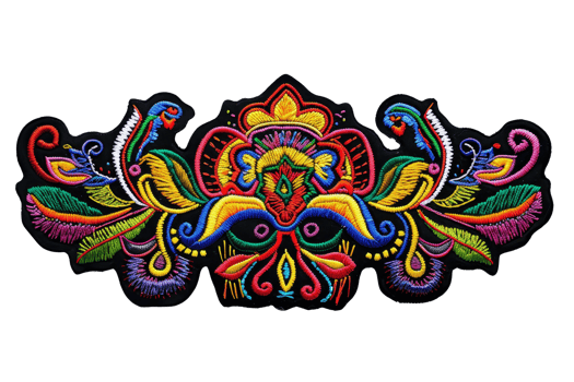 Vibrant, colorful abstract embroidery design with intricate patterns and floral motifs, perfect for textiles, decor, or crafting inspiration. png