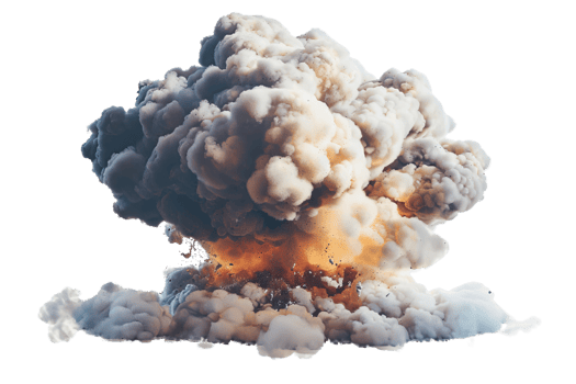 High-resolution image of a dramatic explosion with billowing smoke and flames, capturing intense energy and visual impact. png