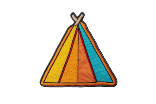 Colorful embroidered patch of a tent with vibrant yellow, orange, and blue panels, perfect for outdoor and camping themed designs. png