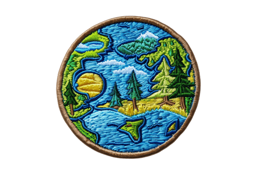 Colorful embroidered nature patch depicting a scenic landscape with trees, mountains, and a river, perfect for outdoor enthusiasts. png