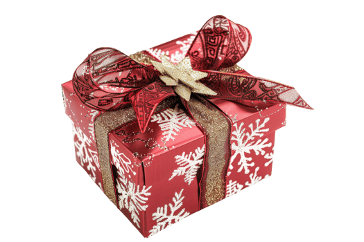 Beautifully wrapped Christmas gift with red ribbon and snowflake pattern. Perfect for holiday celebrations and festive decorations. png