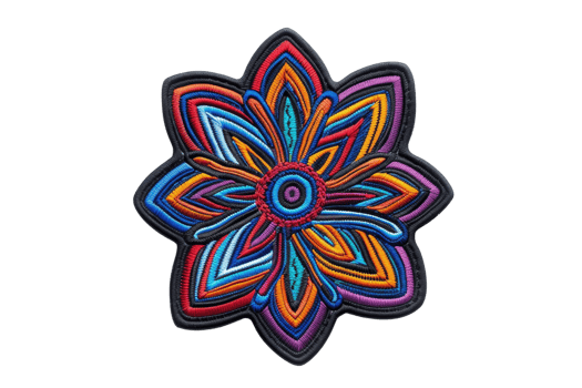 Vibrant, multi-colored abstract geometric flower pattern with intricate design on a black background. png