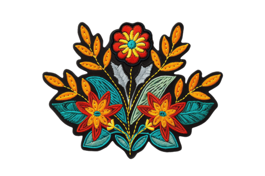 Beautiful folk art floral embroidery with vibrant red and yellow flowers, ideal for textile design, decoration, and craft projects. png