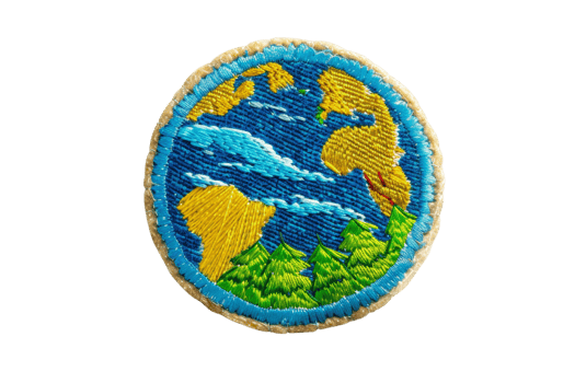 Colorful embroidered patch featuring a world design with continents and oceans, symbolizing global unity and environmental awareness png