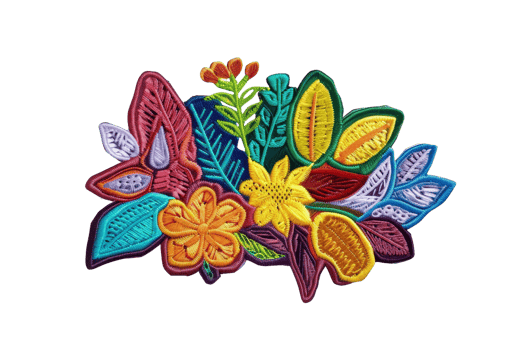 Colorful floral embroidery design featuring vibrant flowers and leaves, perfect for textile and decoration projects. png