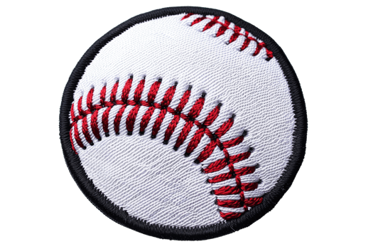 Close-up image of a detailed baseball patch with red stitching and white surface, perfect for sports enthusiasts and design projects. png