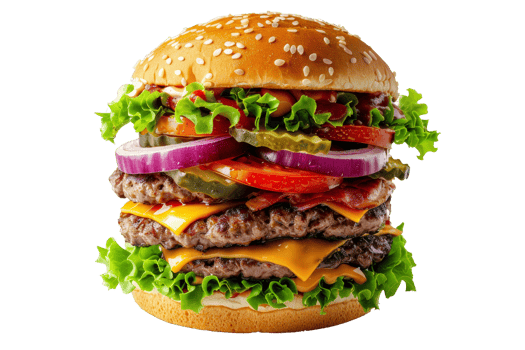 Close-up of a delicious double cheeseburger with lettuce, tomato, onion, and pickles on a sesame seed bun. Perfect for food lovers. png