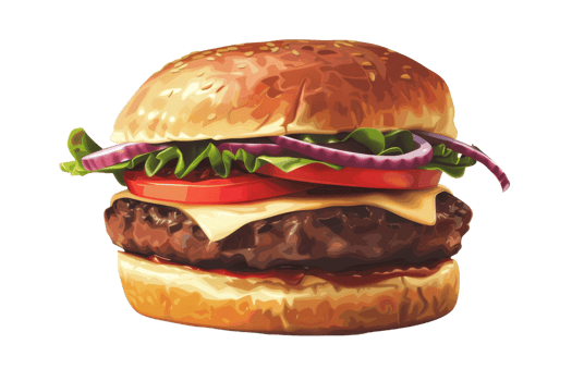 Delicious juicy cheeseburger with fresh lettuce, tomato, onion, and a perfectly grilled beef patty in a sesame seed bun. png