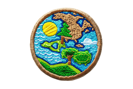 Colorful embroidered badge featuring a scenic landscape with trees, water, and sun, representing nature and outdoor exploration. png