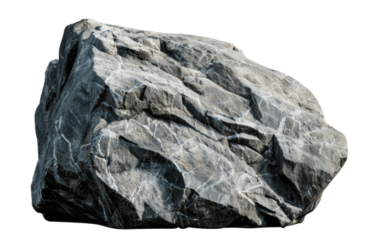 High-resolution image of a large, textured gray rock with detailed striations, isolated on a transparent background. png
