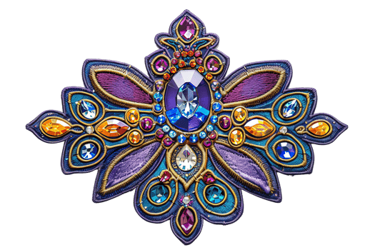 Ornate jeweled brooch with colorful gemstones in intricate design, featuring blue, purple, and gold details, isolated on transparent background. png