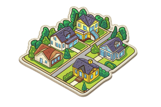 Colorful cartoon neighborhood with houses, trees, and roads displayed in an isometric view, perfect for urban planning and real estate themes. png