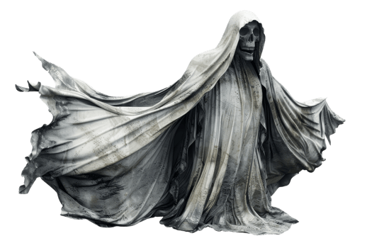 Ethereal hooded figure with dramatic flowing cloak, representing mystery, darkness, and ghostly presence, ideal for Halloween or gothic themes. png